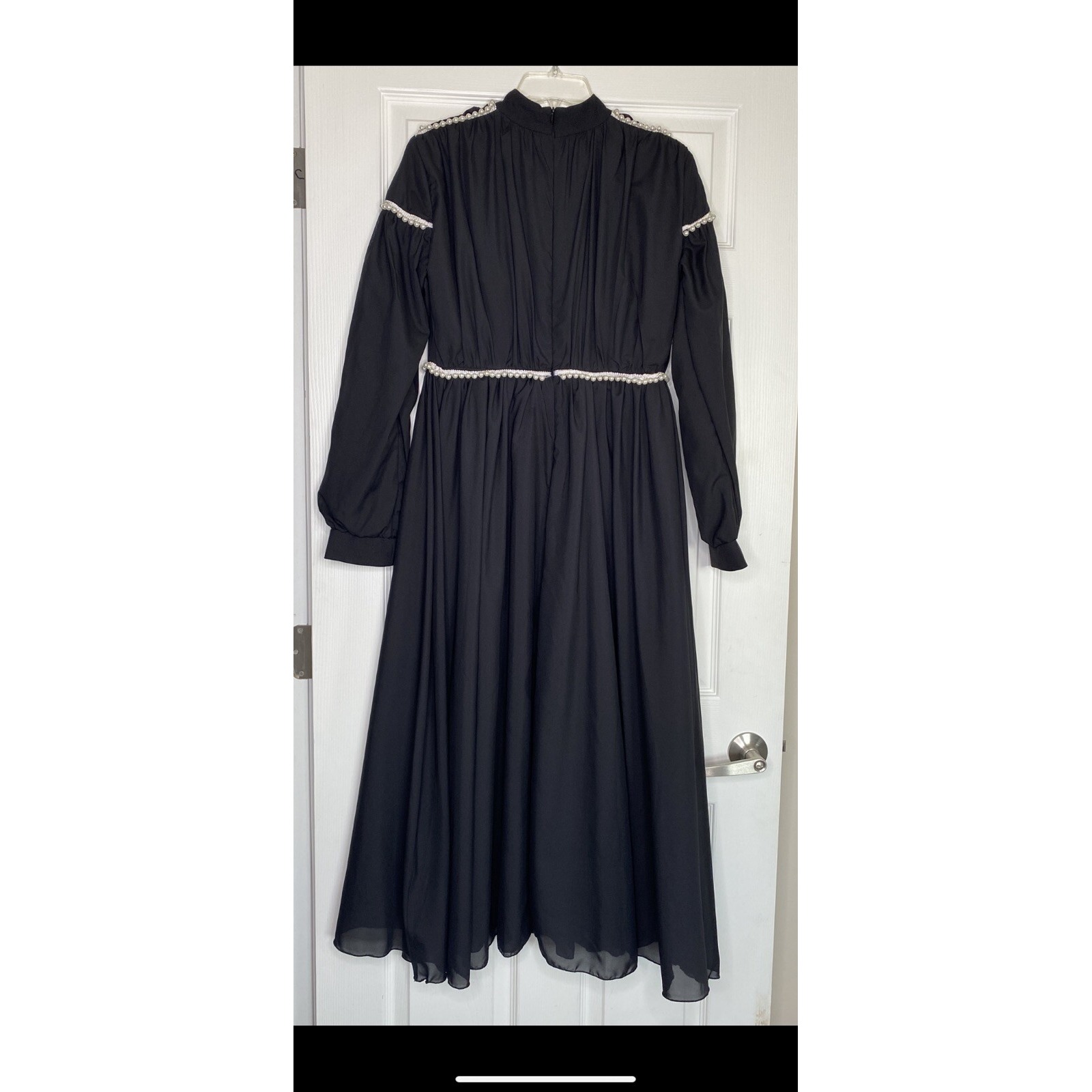 Annah Hariri Dress Black Modest Whitchy Goth Faux Pearl Trim Mock Neck Sz 8 Nwt — image 2 of 5